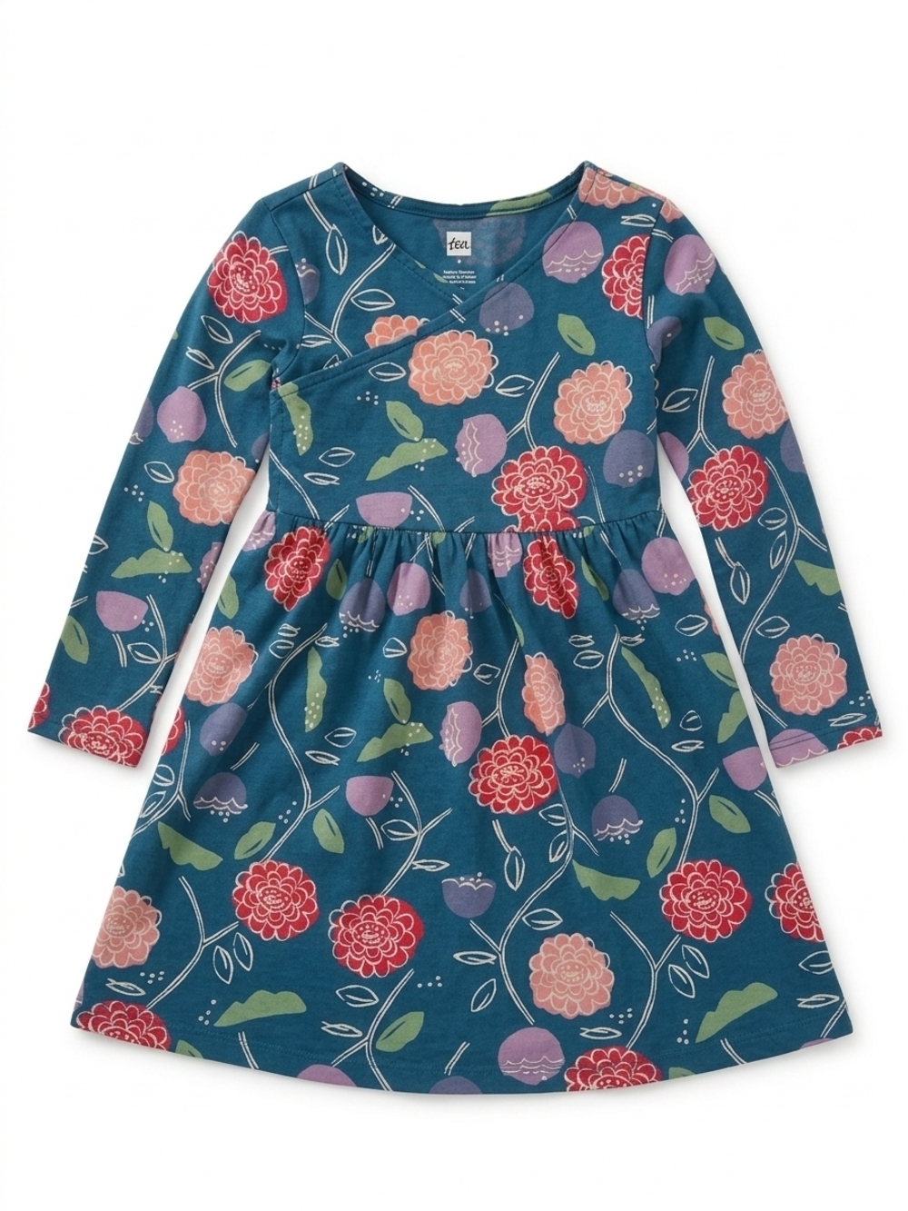 Tea Collection‎ Teal Floral Long-Sleeve Kids Dress Turkish Tea Size 3 Euc